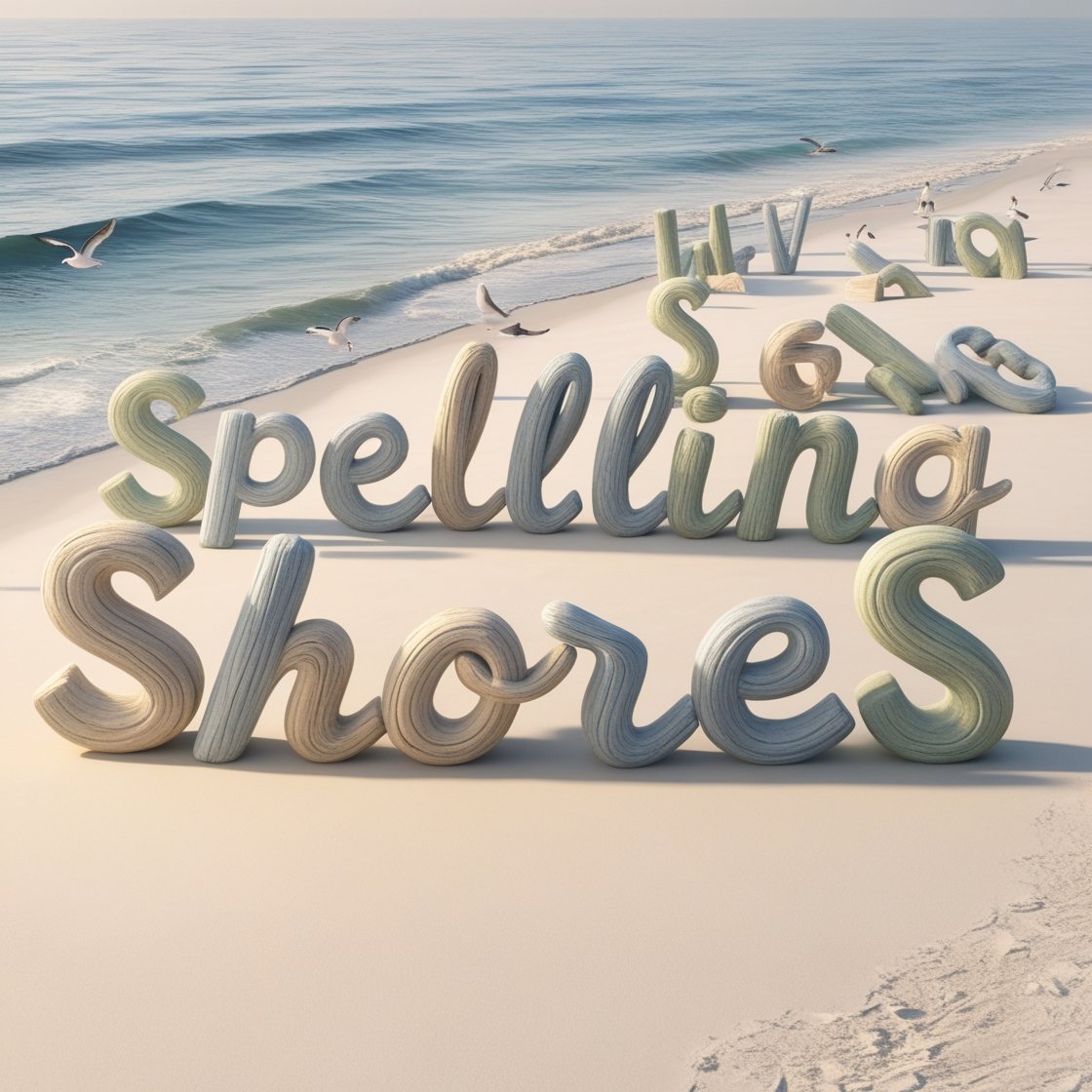 Beach with alphabet letters representing Spelling Shores